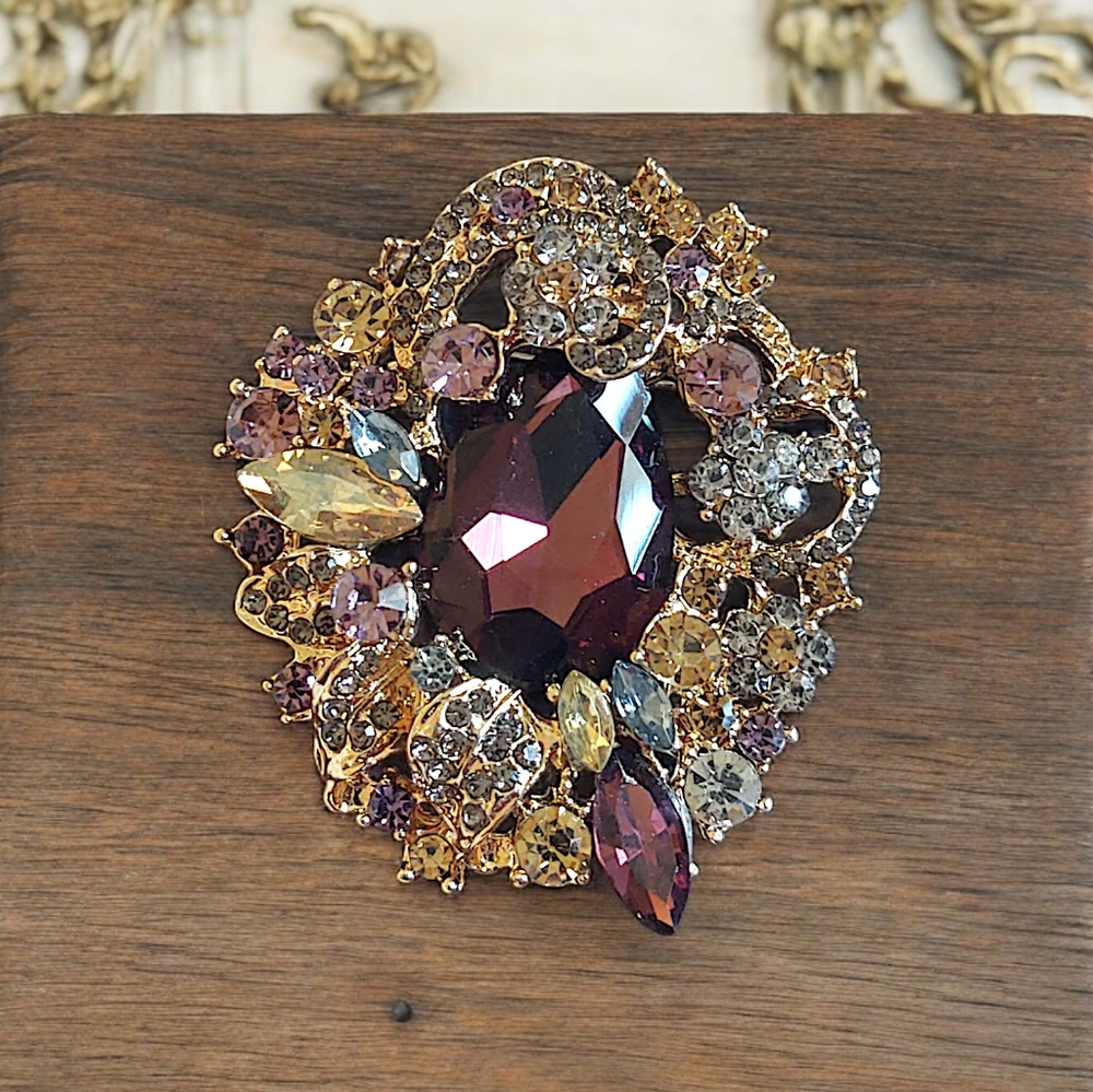 Purple and Gold Crystal Floral Brooch - Women Jewelry Brooches